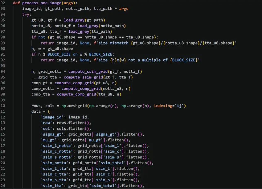 Python source code for process_one_image(), loading the GT, noTTA, and TTA images and computing SSIM and comp_* feature grids directly from them in one pass, with no database join anywhere in the function.