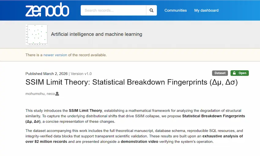 A Zenodo record page showing the 'Artificial intelligence and machine learning' community badge, the Open access badge, and the published record 'SSIM Limit Theory: Statistical Breakdown Fingerprints (Δμ, Δσ)'.