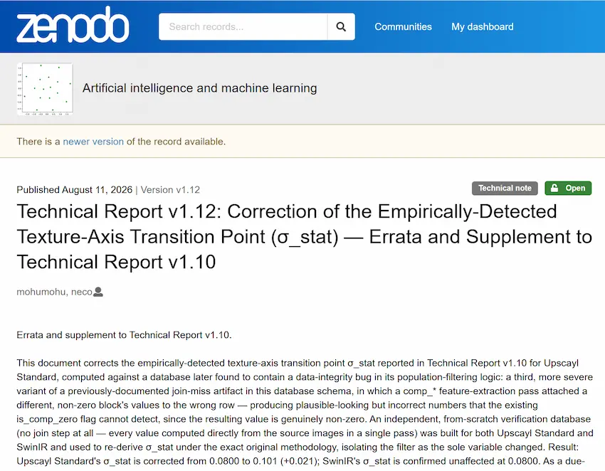 A Zenodo record page for 'Technical Report v1.12: Correction of the Empirically-Detected Texture-Axis Transition Point (σ_stat) — Errata and Supplement to Technical Report v1.10', describing the JOIN-miss bug and its correction.